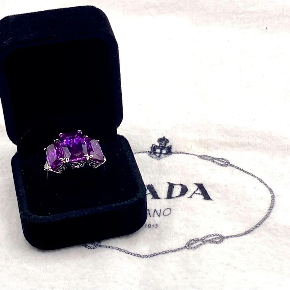 Huge Color Change Lab Sapphire Trilogy Cocktail Ring. Platinum over Sterling - Picture 16 of 16